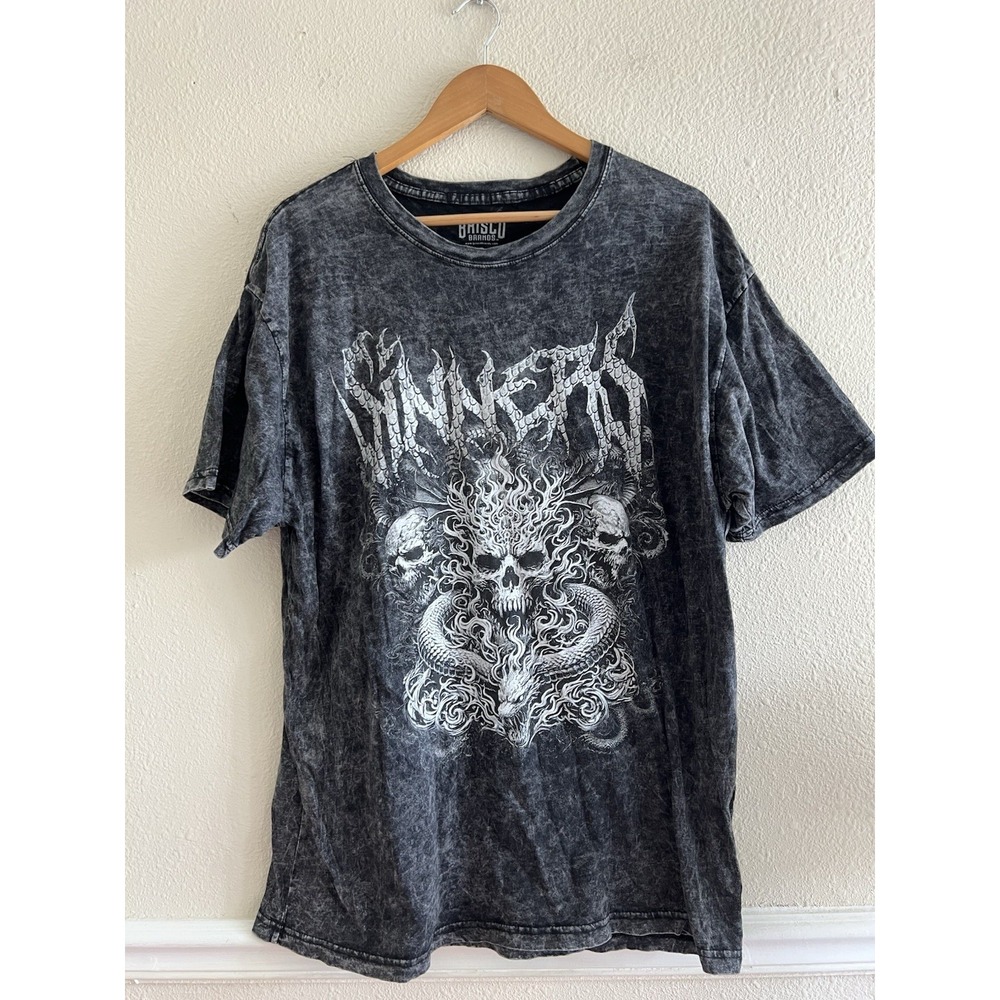 Brisco Brands Sinners Skull Graphic T-Shirt Charcoal Acid Wash Men's XL Snakes